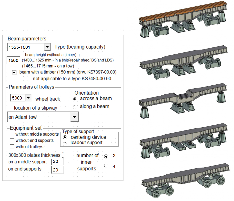Figure 1 - Parameters dialog and configuration options for the slipway beam model