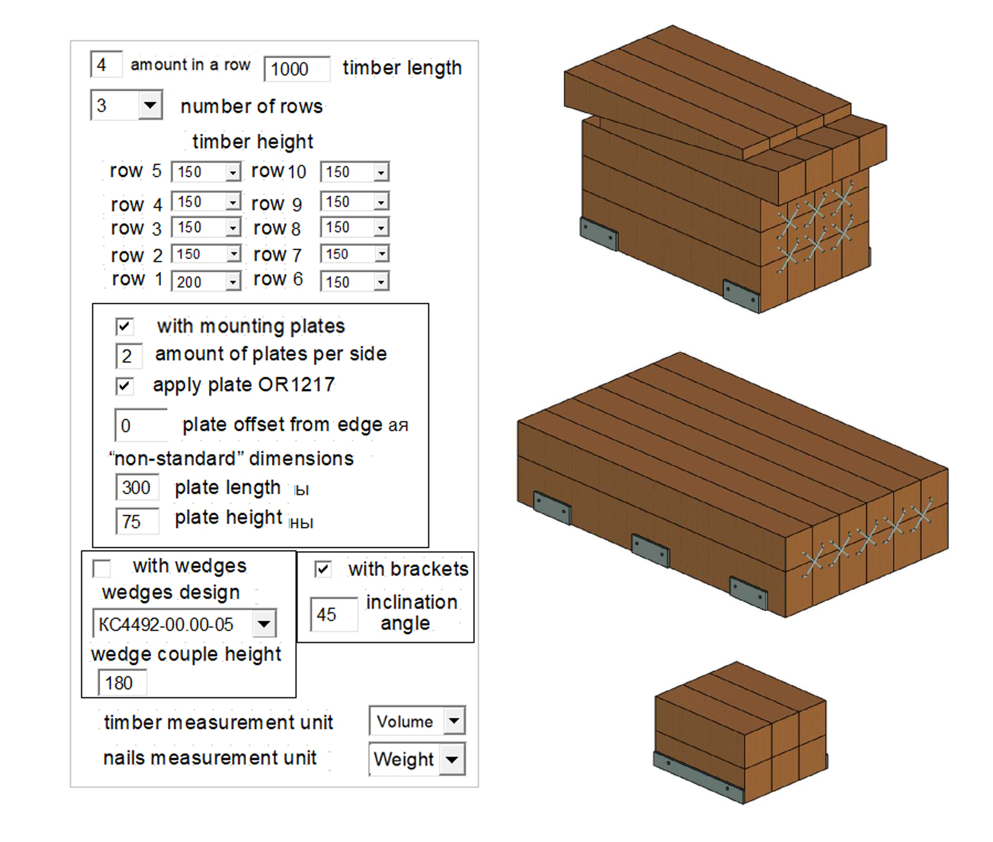 Figure 2 - Parameters dialog and configuration options for the timber pad model