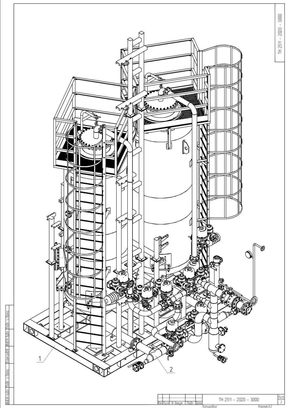 Fig. 4 - Piping arrangement of columns with stairs and service platforms. An isometric projection is shown for the sake of clarity and for better understanding of the design of the device. 
